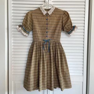 Vintage 1950s Girls Cotton A Line Dress Handmade Eyelet Lace Short Sleeve